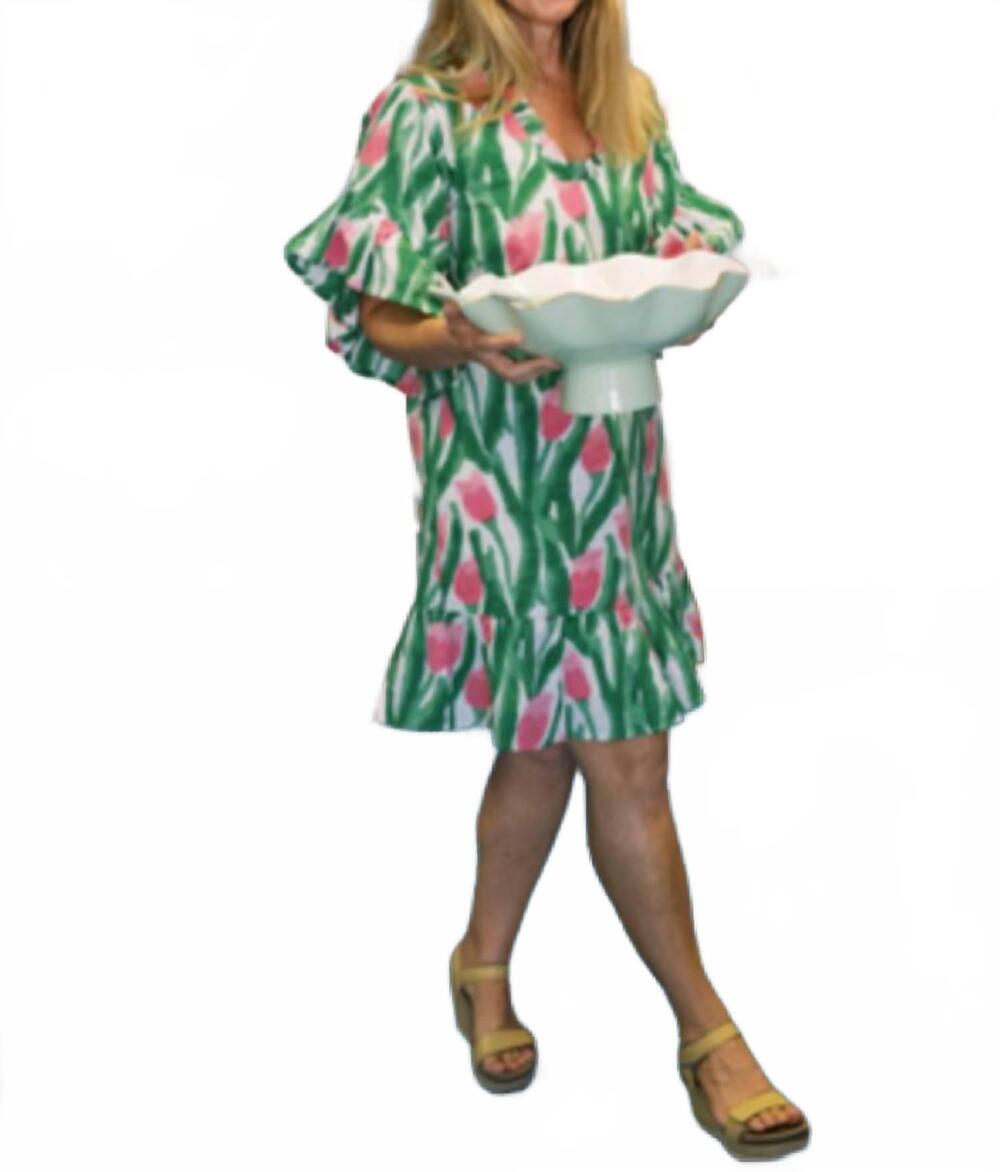 NEW FITZROY & WILLA soleil mini dress in pink and green tulips